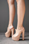 Nude Skin Patterned High Thick Heeled Women's Slippers Shimmering - 2