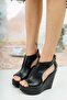 Black Leather Side Open Toe 12cm Wedge Heeled Shoes Maya
