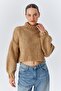6883 Women's Ruffle Detail Crop Knitwear Sweater Camel - 5