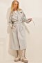 Women's Gray Double-Breasted Belted Herringbone Patterned Melton Coat Alc-X10824 - 6