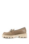 Women's Beige Thick Heeled Buckle Genuine Leather Loafer Shoes - 6