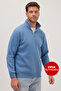 Unisex Relax Fit Comfortable Cut Cotton Fleece Inside Half Zipper Petrol Blue Stand Collar Sweatshirt