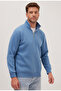 Unisex Relax Fit Comfortable Cut Cotton Fleece Inside Half Zipper Petrol Blue Stand Collar Sweatshirt - 5