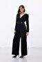 Double Breasted Ornamental Jewelled Crepe Jumpsuit - Black