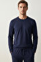 100% Cotton Men's Single Jersey Pajama Set Compact Combed Cotton Navy Blue Long Sleeve with Pockets Drawstring Comfortable Fit Anti-Sweat - 3
