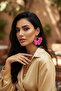 Gold Color Hoop Earrings – Pink Fabric Beaded Design - 3