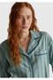 Women's Turquoise 100% Cotton Square Patterned Logo Shirt Collar Pajama Top - 6