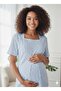 Baby Blue Polka Dot Short-Sleeved Adjustable Waist Breastfeeding Button Full-Length Maternity Pajama Set - 3