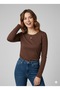 Women's Brown Long-Sleeved Crew Neck Long Viscose Blouse - 2