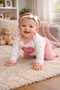 Baby Girl Pink Süzene Heart Embroidered 3-Piece Set Body-Pants-Bandana - 3