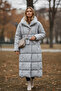 Women's Stand Collar Belted Maxi Length Gray Puffer Coat - 3