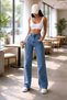 Cristian Women's Medium Blue Snow Wash Stretch Fabric Super High Waist Loose Leg Denim Palazzo Pants