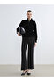 Black Mock Neck Corded Fabric Women's Sweatshirt - 2