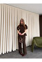 Brown Balloon Sleeve Asymmetric Blouse Pants Set - 25194