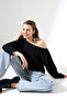Women's Black Oversized Casual Comfortable Fit Boat Neck Knitwear Sweater - 7