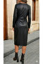 Women's Long Sleeve Crew Neck Back Zipper Midi Leather Dress - 3