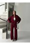 Zipper Collar Burgundy Pocketless Crop Women's Top and Bottom Set - 5