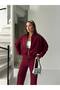 Zipper Collar Burgundy Pocketless Crop Women's Top and Bottom Set - 7