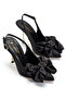 Women's Black Satin Bowknot Buckle Detailed Open Back Pointed Toe Stiletto