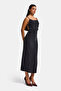 Women's Black Color S6-1 Maxi Length Strap Dress Slit Special Fabric Dress - 3