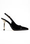 Women's Black Patent Leather Open Back Stiletto with Gold Toe Detail and Thin Heel - 2