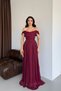 Burgundy Boat Neck Pleated Evening Dress