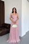 Powder Boat Neck Pleated Evening Dress