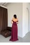 Burgundy Boat Neck Pleated Evening Dress - 6