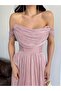Powder Boat Neck Pleated Evening Dress - 4