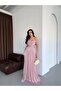 Powder Boat Neck Pleated Evening Dress - 2