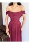 Burgundy Boat Neck Pleated Evening Dress - 4