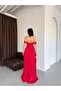 Red Boat Neck Pleated Evening Dress - 5