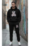 Unisex Printed Oversized Hooded Gray/Black Tracksuit Set Loose Fit