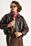 New Season Trend Model Oversized Belted Leather Bomber Jacket - 4