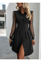 Shirt-Collar Polka Dot Tulle-Sleeved Black Crepe Dress - Modern Elegance - 8