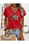 Ribbon Hat Printed Women's Oversize V-Neck T-Shirt