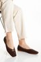 Women's Brown Suede Stylish Stitched Patterned Flat Heeled Comfortable Ballerina Shoes with Buckle Detail - 5