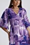 Women's Lilac Patterned V-Neck Flared Model Oversized Dress with Wide Sleeves Viscose Mini Loose - 2