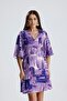 Women's Lilac Patterned V-Neck Flared Model Oversized Dress with Wide Sleeves Viscose Mini Loose - 3