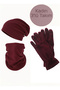 Women's Burgundy Thermal Winter Fleece Closed-Finger Gloves, Drawstring Beanie, Neck Collar, Hat, 3-Piece Set
