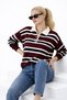 Burgundy Striped Pola Collar Buttoned Women's Knitwear Sweater - 8