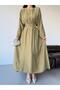 Khaki Pleated Long Dress with Waistband - 5