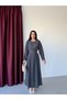 Anthracite Pleated Long Dress with Waist Belt - 3