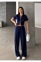 Women's Navy Blue Double Zip Detail Modal Textured Top and Bottom Set - 2