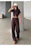 Women's Brown Double Zip Detail Modal Textured Top and Bottom Set - 3