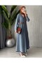 Women's V-Neck Pleated Detailed Oversize Denim Hijab Dress - 8