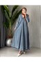 Women's V-Neck Pleated Detailed Oversize Denim Hijab Dress - 5
