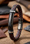 Men's Leather Bracelet Black Steel Name-Engravable Black Red Knitted Leather Bracelet - 3