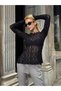 Women's Black Crew Neck Long Sleeve Waist Fitted Transparent Scallop Lace Pinterest Stylish Blouse - 3