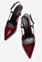Women's Pointed Toe Open Back Short Burgundy Patent Leather Heeled Shoes Cone - 5